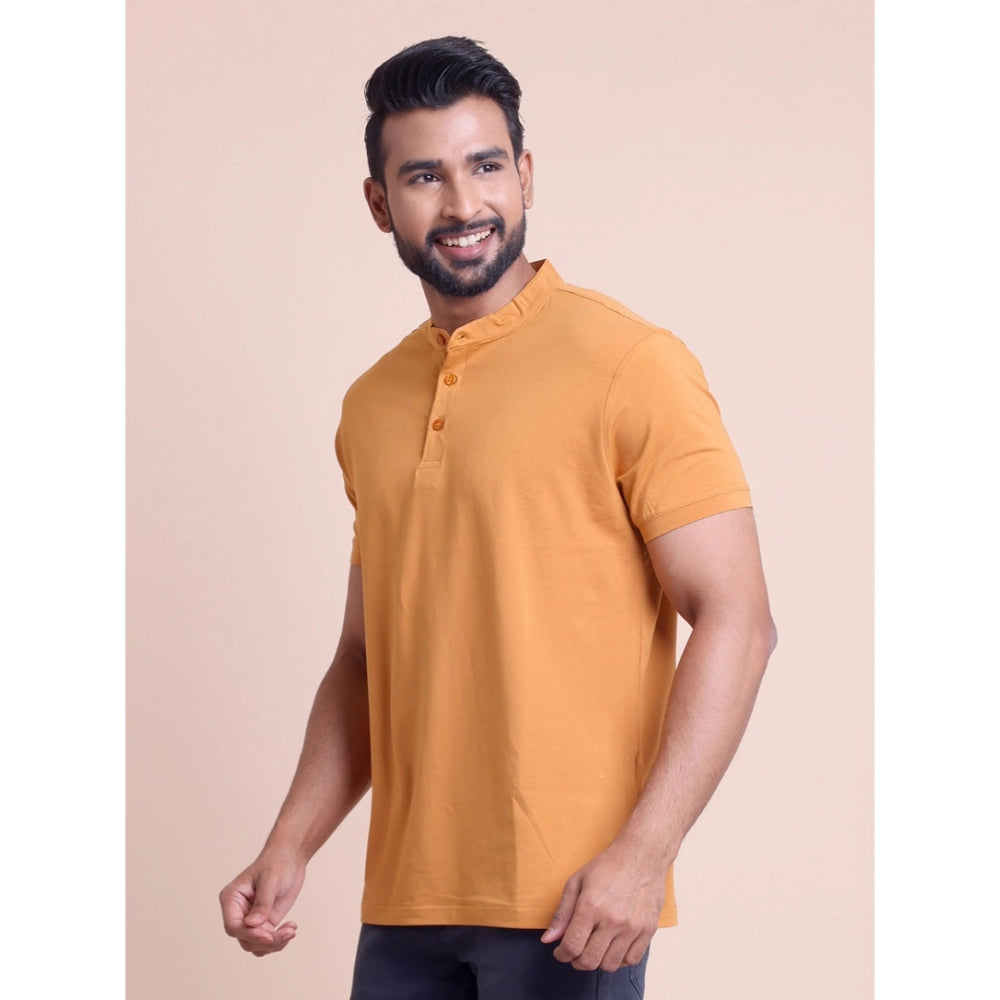 HamariDookan Men's Casual Cotton Solid Half Sleeve Mandarin Collar T-Shirt (Brown)