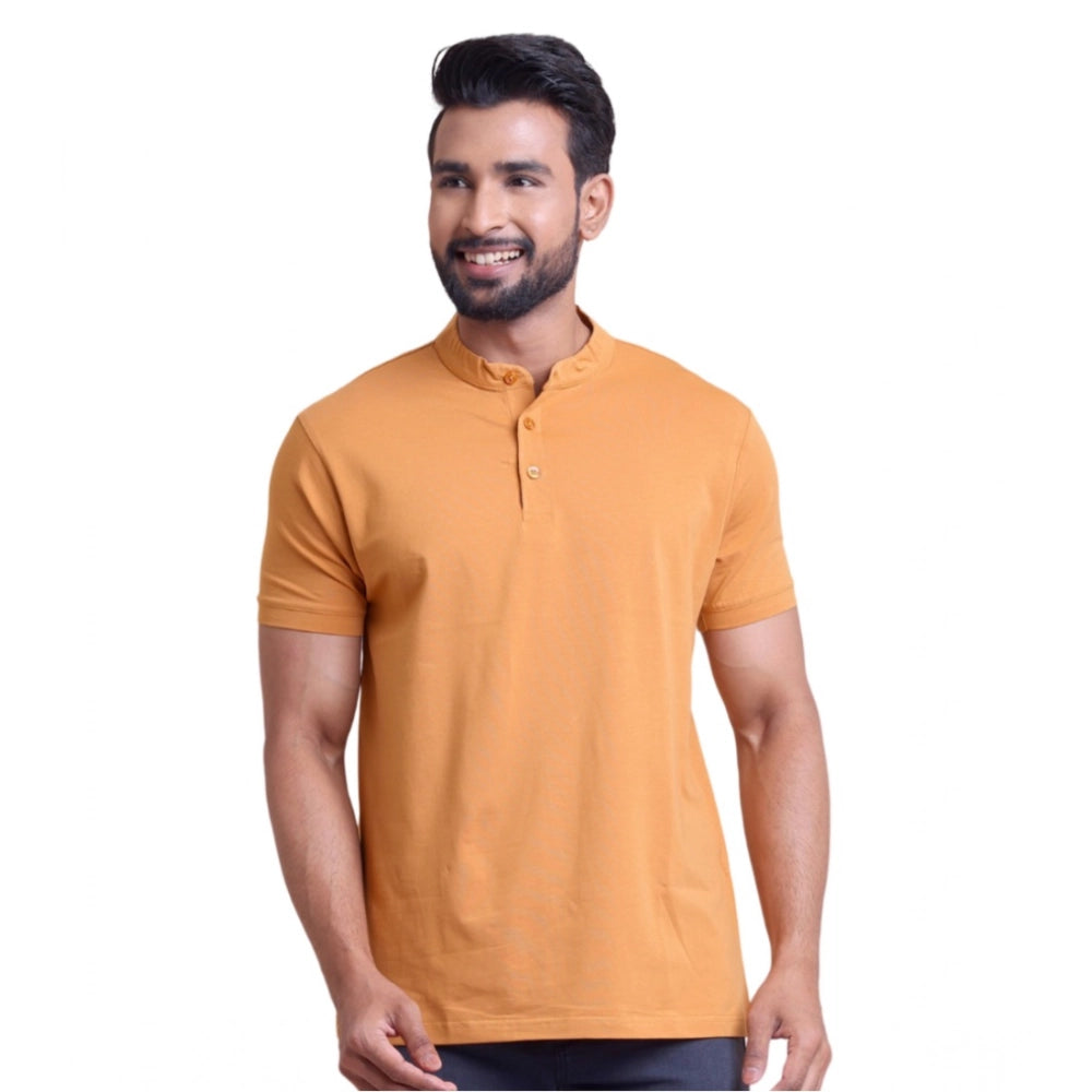 HamariDookan Men's Casual Cotton Solid Half Sleeve Mandarin Collar T-Shirt (Brown)