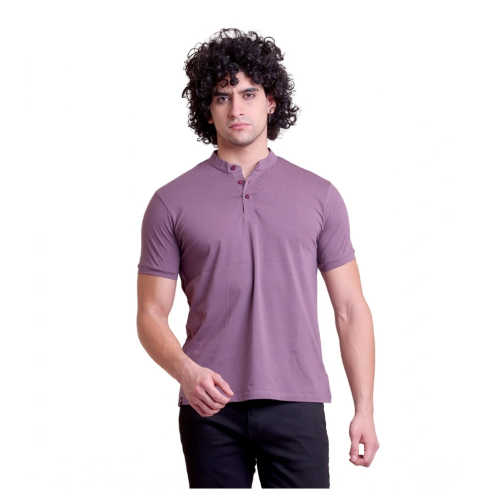 HamariDookan Men's Casual Cotton Solid Half Sleeve Mandarin Collar T-Shirt (Berry)