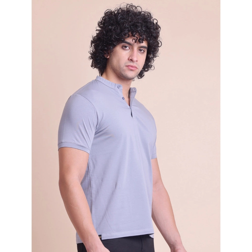 HamariDookan Men's Casual Cotton Solid Half Sleeve Mandarin Collar T-Shirt (Teegrey)