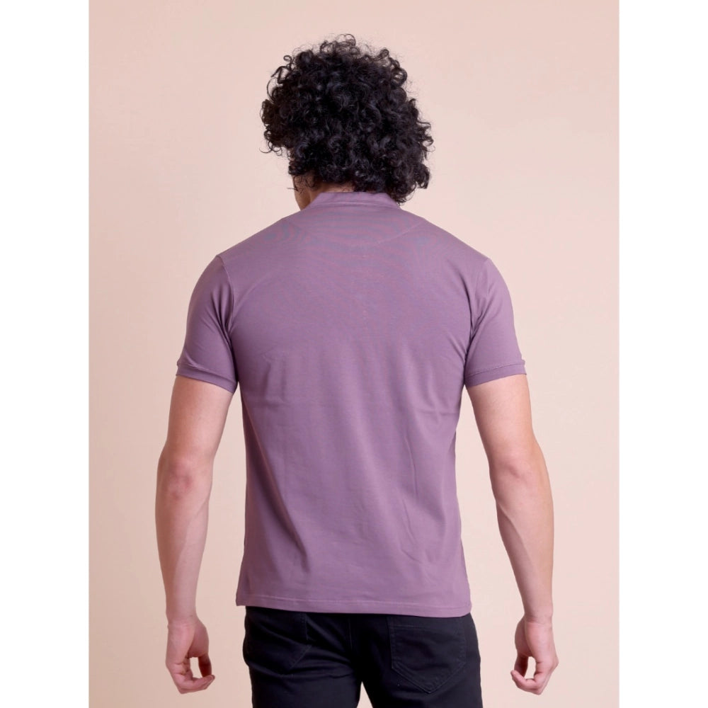 HamariDookan Men's Casual Cotton Solid Half Sleeve Mandarin Collar T-Shirt (Berry)