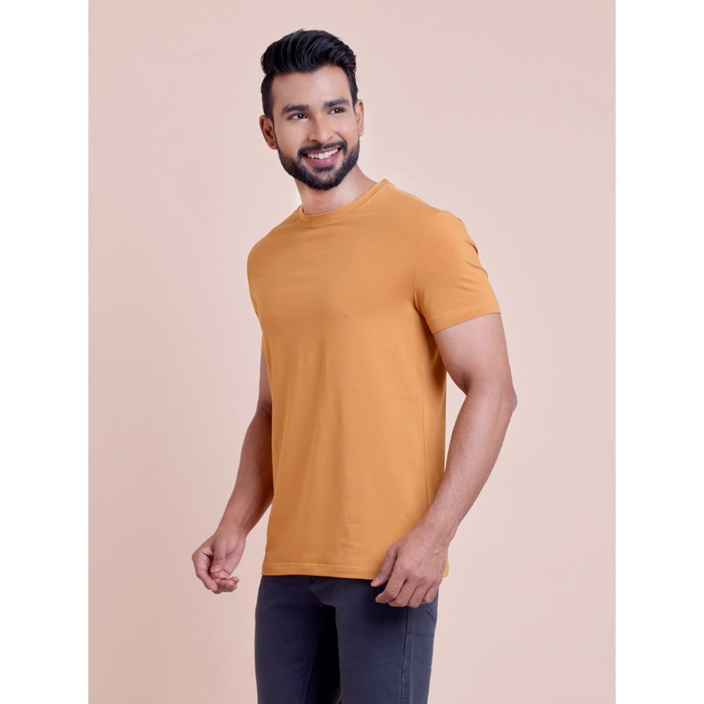 HamariDookan Men's Casual Cotton Solid Half Sleeve Round Neck T-Shirt (Brown)