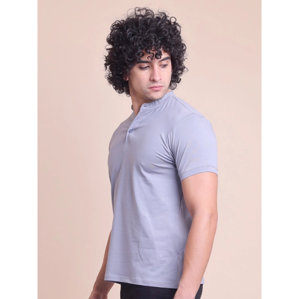 HamariDookan Men's Casual Cotton Solid Half Sleeve Mandarin Collar T-Shirt (Teegrey)