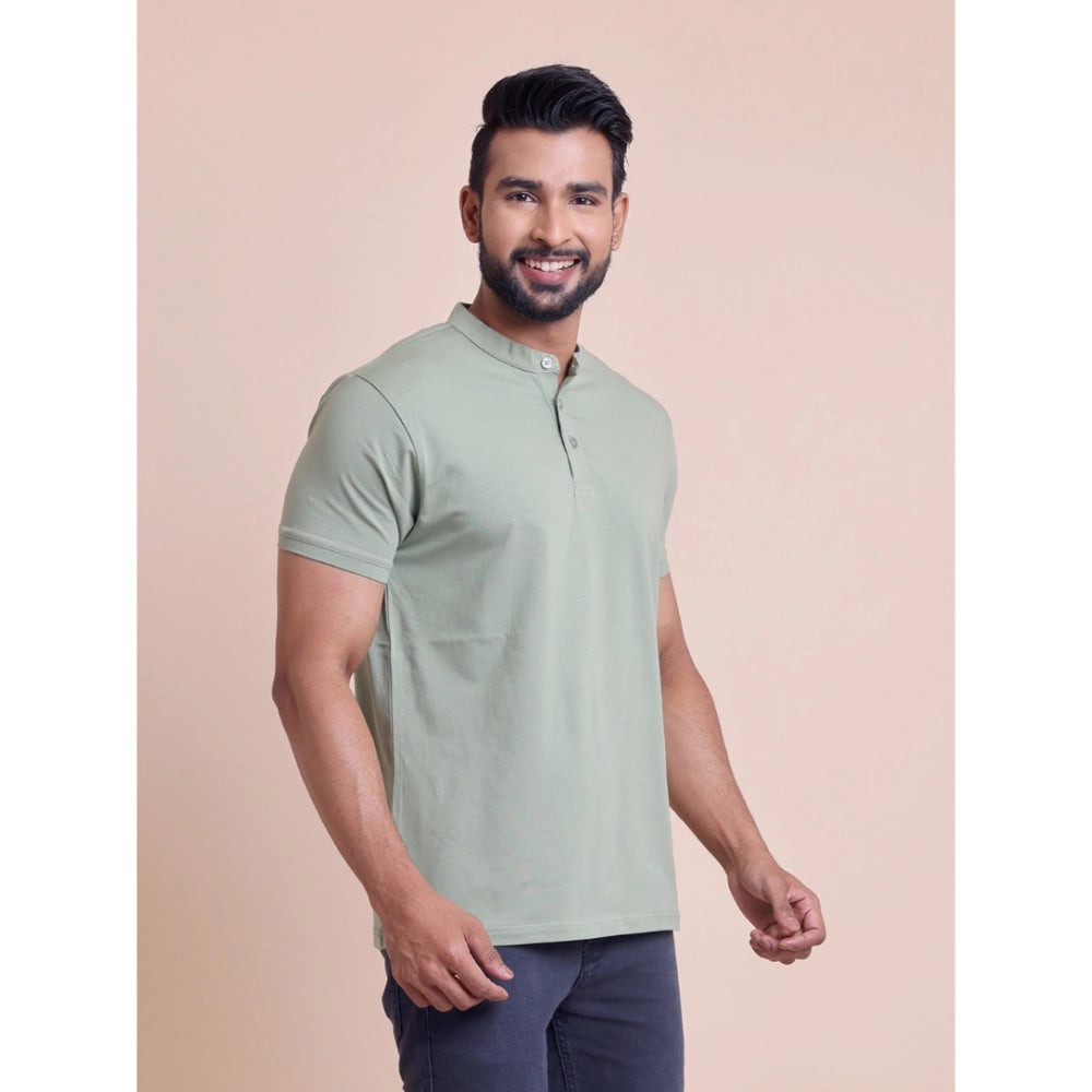 HamariDookan Men's Casual Cotton Solid Half Sleeve Mandarin Collar T-Shirt (Newsage)