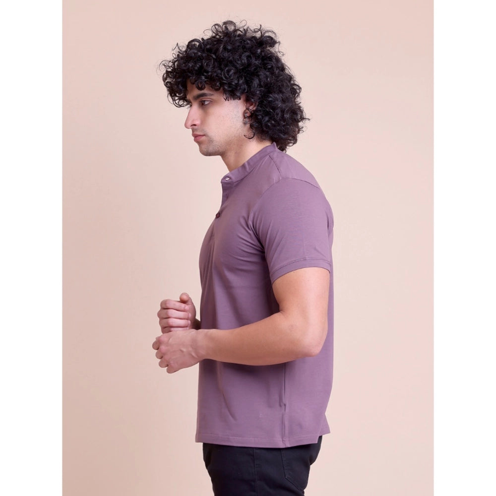 HamariDookan Men's Casual Cotton Solid Half Sleeve Mandarin Collar T-Shirt (Berry)