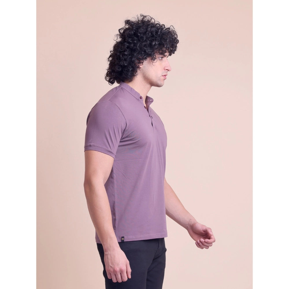 HamariDookan Men's Casual Cotton Solid Half Sleeve Mandarin Collar T-Shirt (Berry)