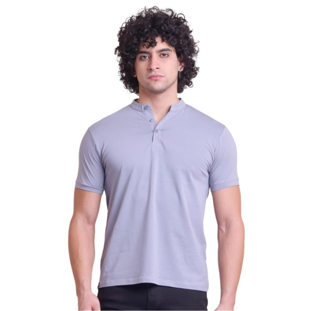 HamariDookan Men's Casual Cotton Solid Half Sleeve Mandarin Collar T-Shirt (Teegrey)