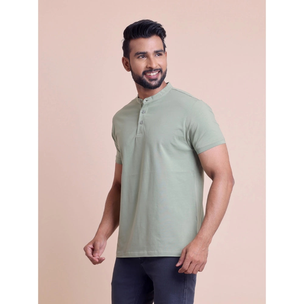 HamariDookan Men's Casual Cotton Solid Half Sleeve Mandarin Collar T-Shirt (Newsage)