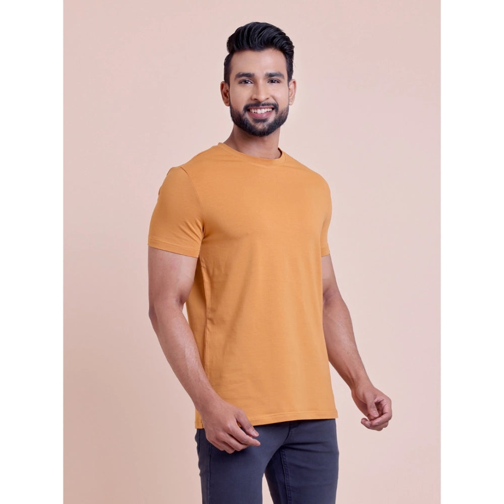 HamariDookan Men's Casual Cotton Solid Half Sleeve Round Neck T-Shirt (Brown)
