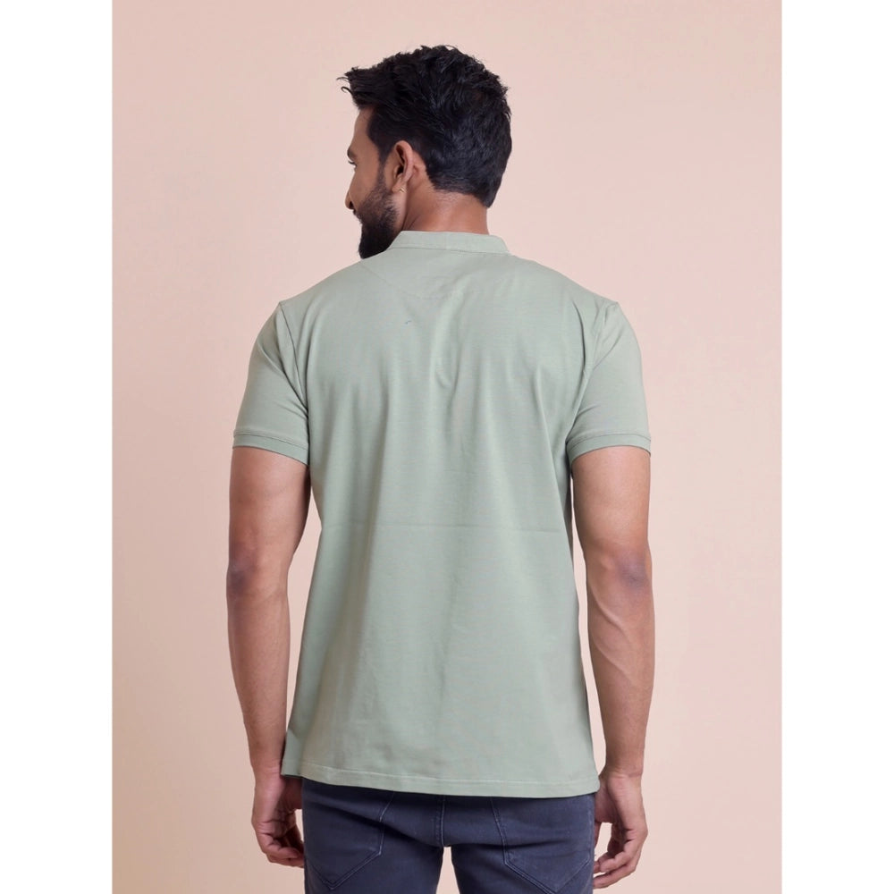 HamariDookan Men's Casual Cotton Solid Half Sleeve Mandarin Collar T-Shirt (Newsage)