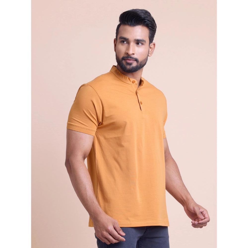 HamariDookan Men's Casual Cotton Solid Half Sleeve Mandarin Collar T-Shirt (Brown)