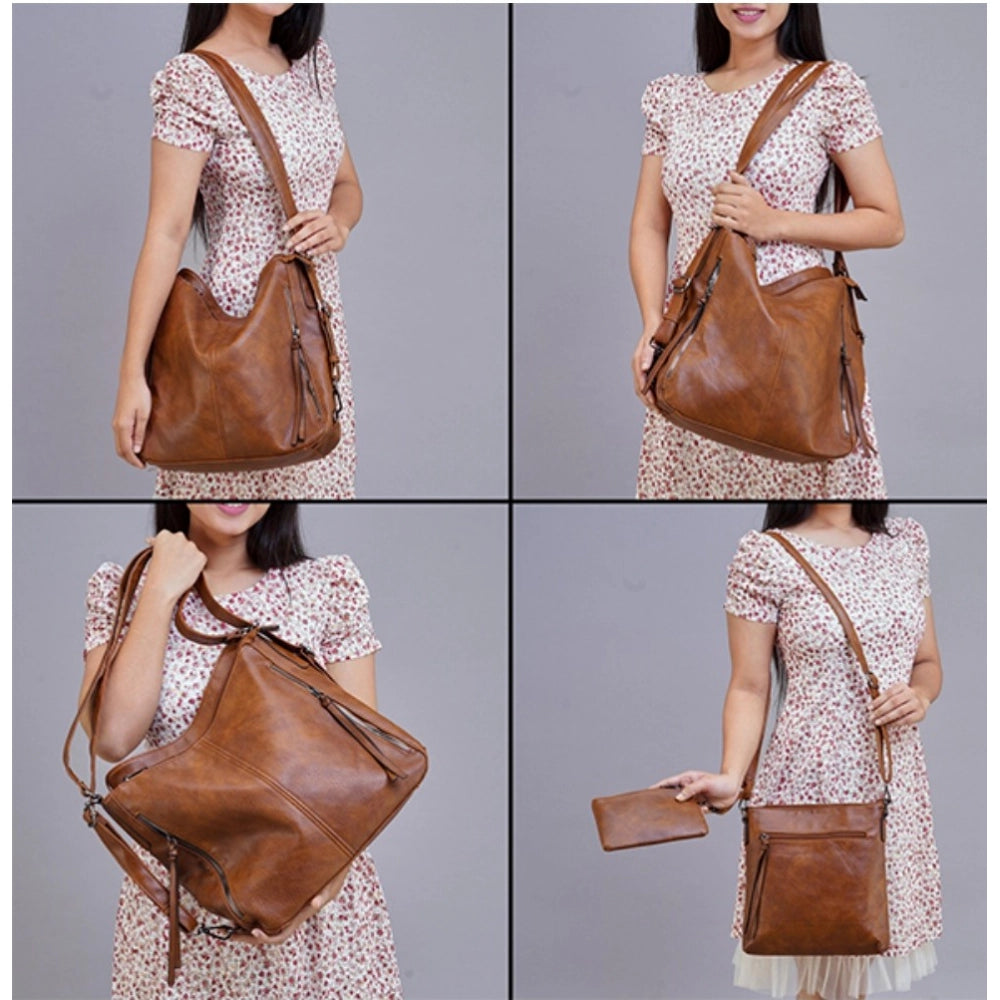 Women's PU Leather Medium Shoulder Zipper Handbag (Brown)