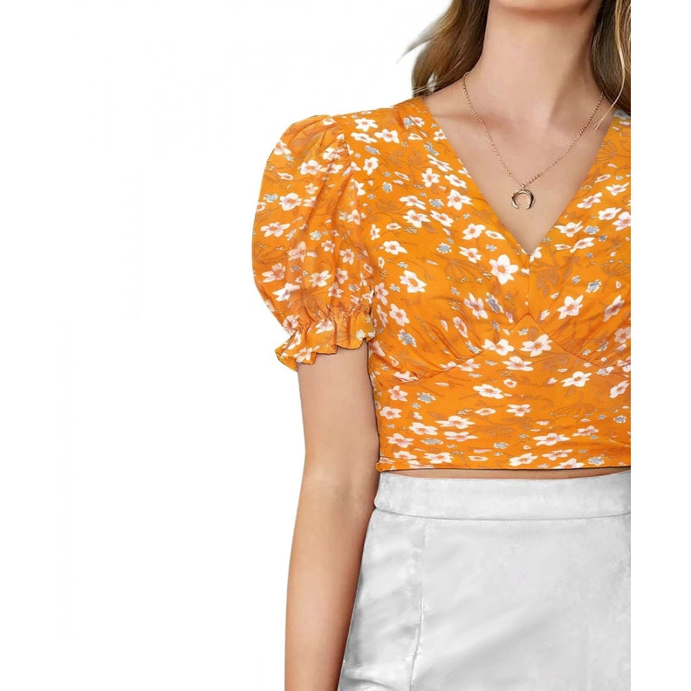HD Women's Knitting Printed V-Neck Puff Sleeve Tops (Yellow)