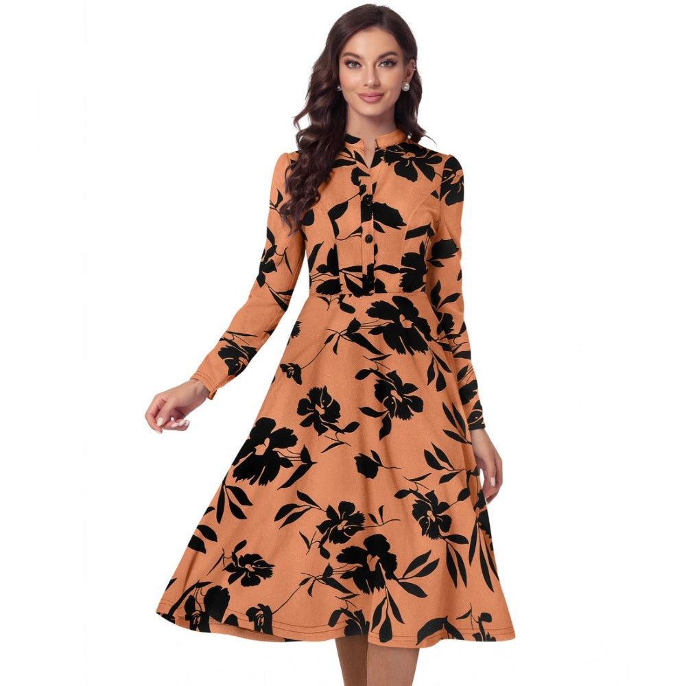 HD Women's Knitting Printed V-Neck Full Sleeve Dress (Orange)