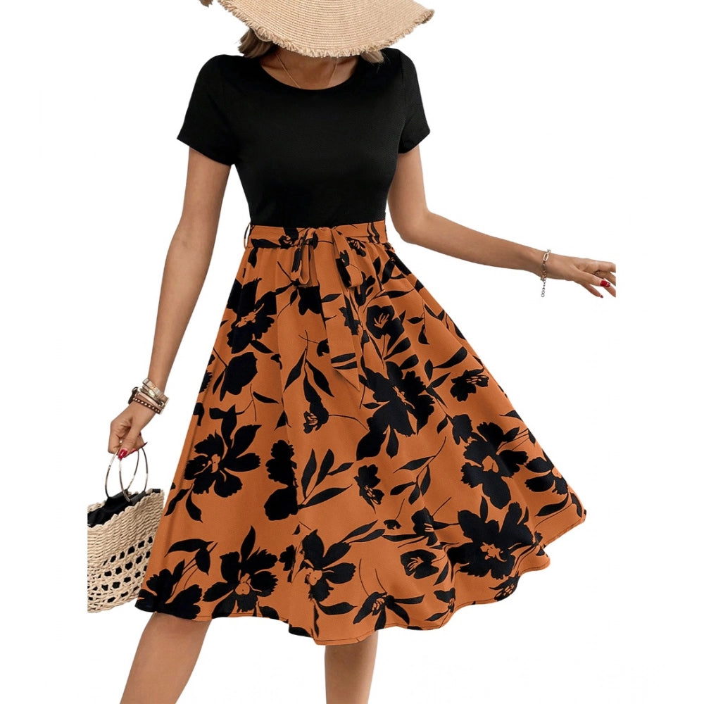 HD Women's Knitting Printed Round Neck Short Sleeve Dress (Orange)