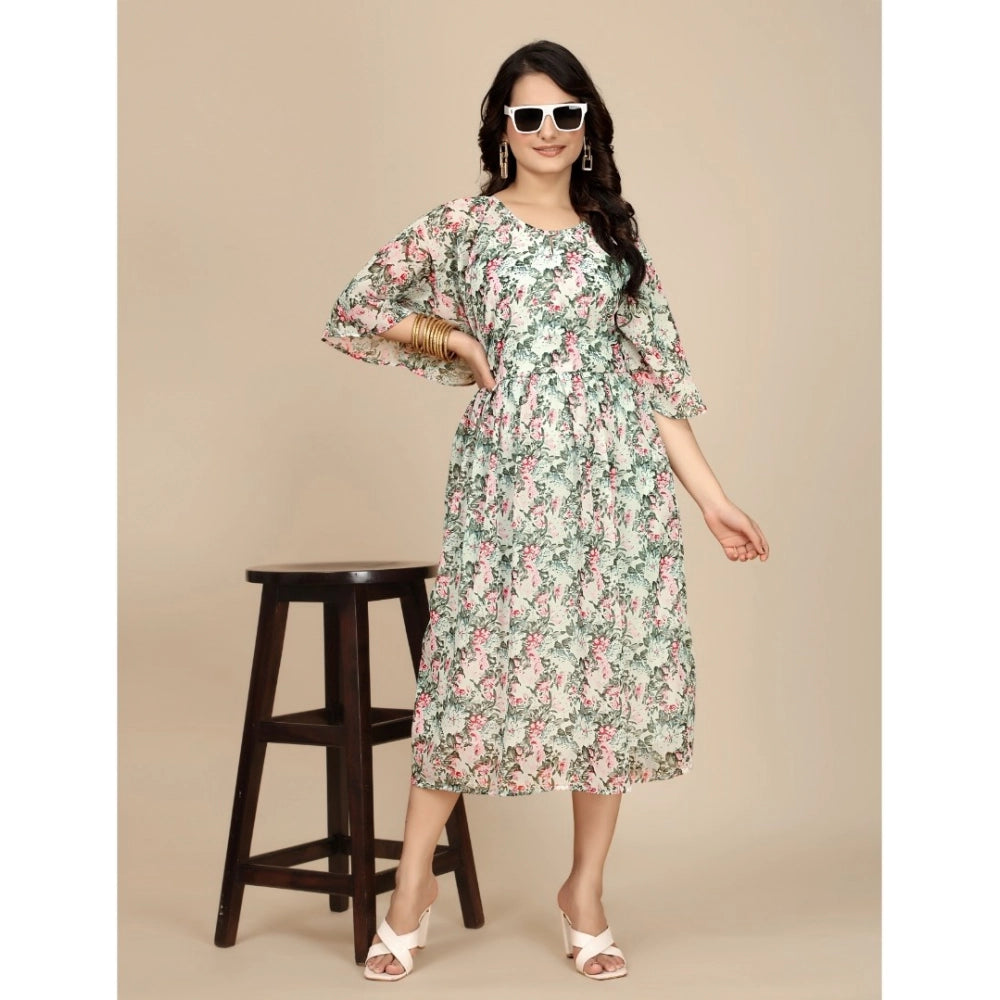 HD Women's Georgette Printed Round Neck Short Sleeve Dress (Pink)