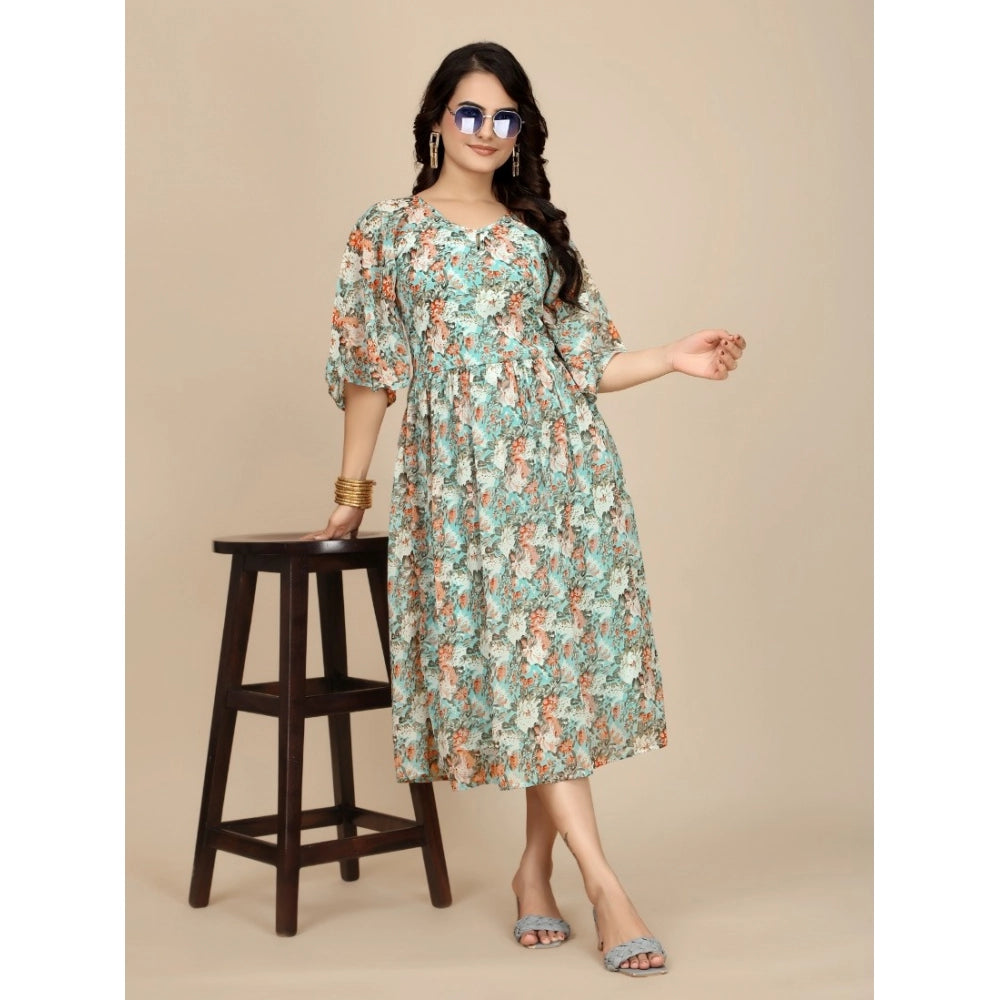 HD Women's Georgette Printed Round Neck Short Sleeve Dress (Multicolor)
