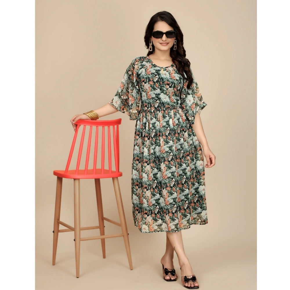 HD Women's Georgette Printed Round Neck Short Sleeve Dress (Black)