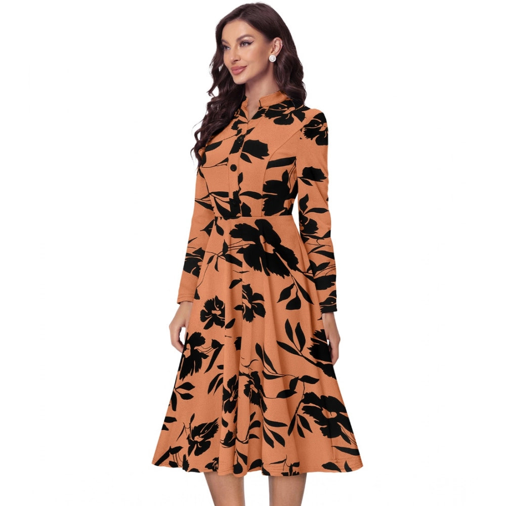 HD Women's Knitting Printed V-Neck Full Sleeve Dress (Orange)