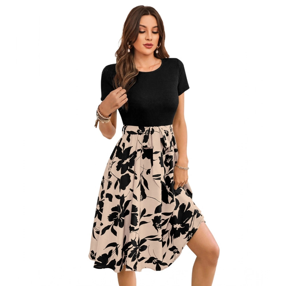 HD Women's Knitting Printed Round Neck Short Sleeve Dress (Cream)