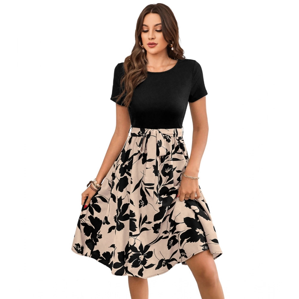 HD Women's Knitting Printed Round Neck Short Sleeve Dress (Cream)