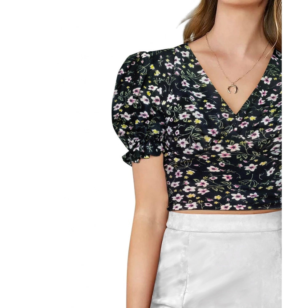 HD Women's Knitting Printed V-Neck Puff Sleeve Tops (Black)