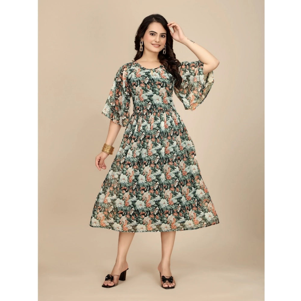 HD Women's Georgette Printed Round Neck Short Sleeve Dress (Black)