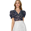HD Women's Knitting Printed V-Neck Puff Sleeve Tops (Navy Blue)