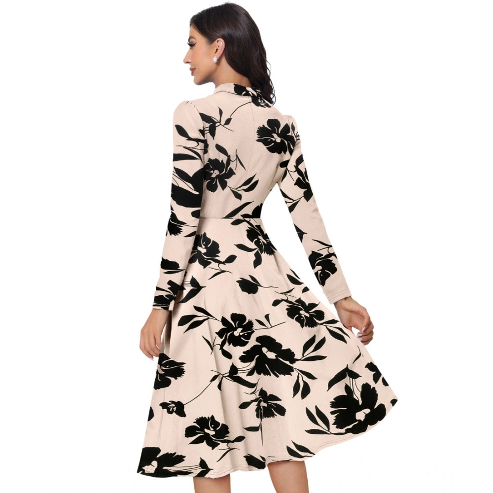 HD Women's Knitting Printed V-Neck Full Sleeve Dress (Cream)