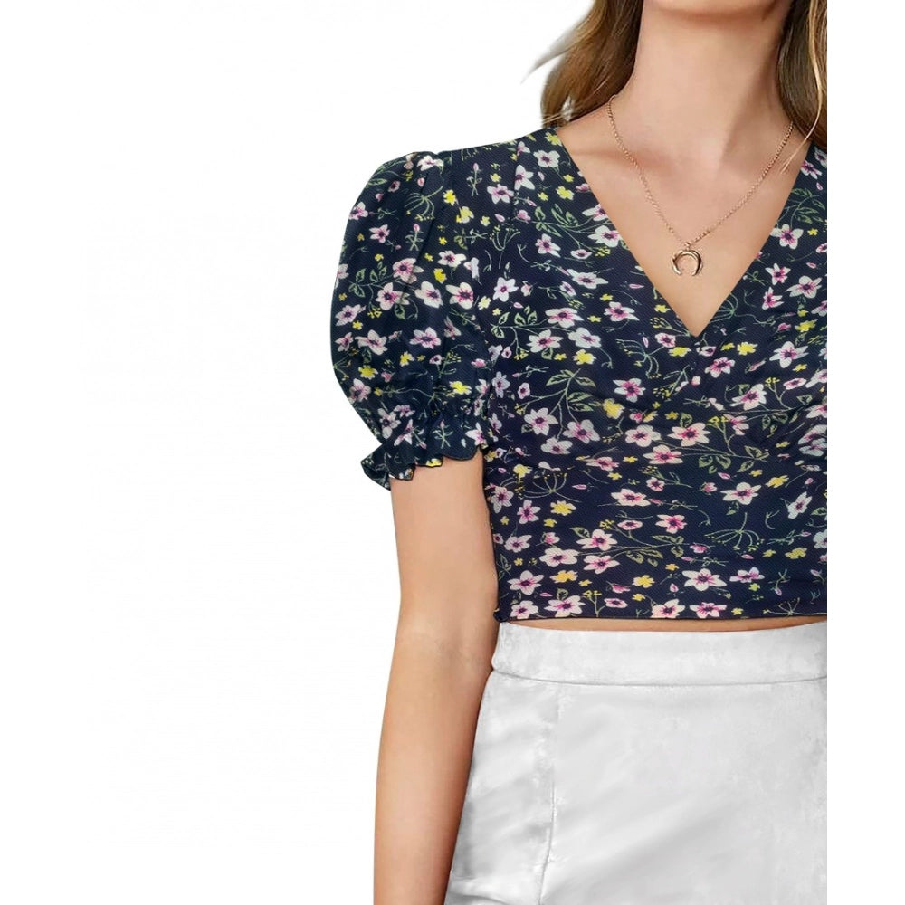 HD Women's Knitting Printed V-Neck Puff Sleeve Tops (Navy Blue)