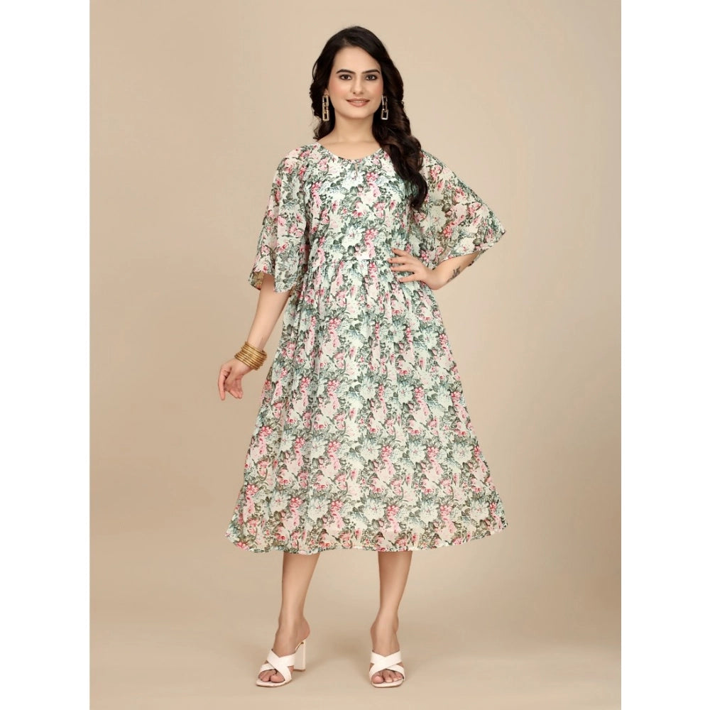 HD Women's Georgette Printed Round Neck Short Sleeve Dress (Pink)