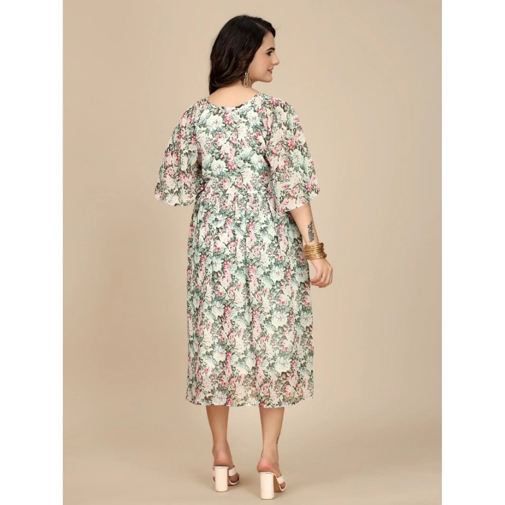 HD Women's Georgette Printed Round Neck Short Sleeve Dress (Pink)