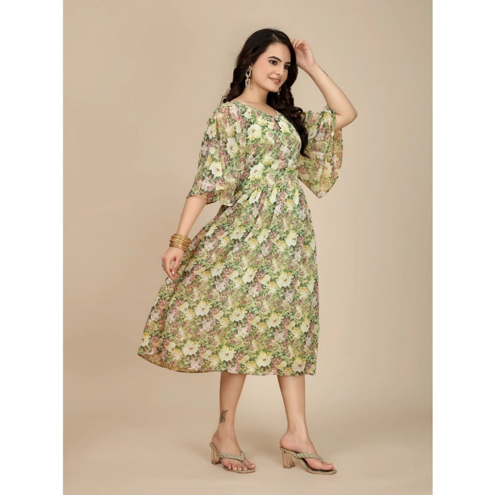 HD Women's Georgette Printed Round Neck Short Sleeve Dress (Green)