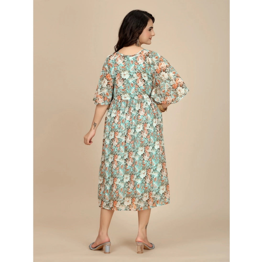 HD Women's Georgette Printed Round Neck Short Sleeve Dress (Multicolor)