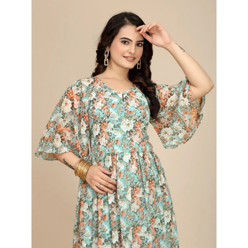 HD Women's Georgette Printed Round Neck Short Sleeve Dress (Multicolor)