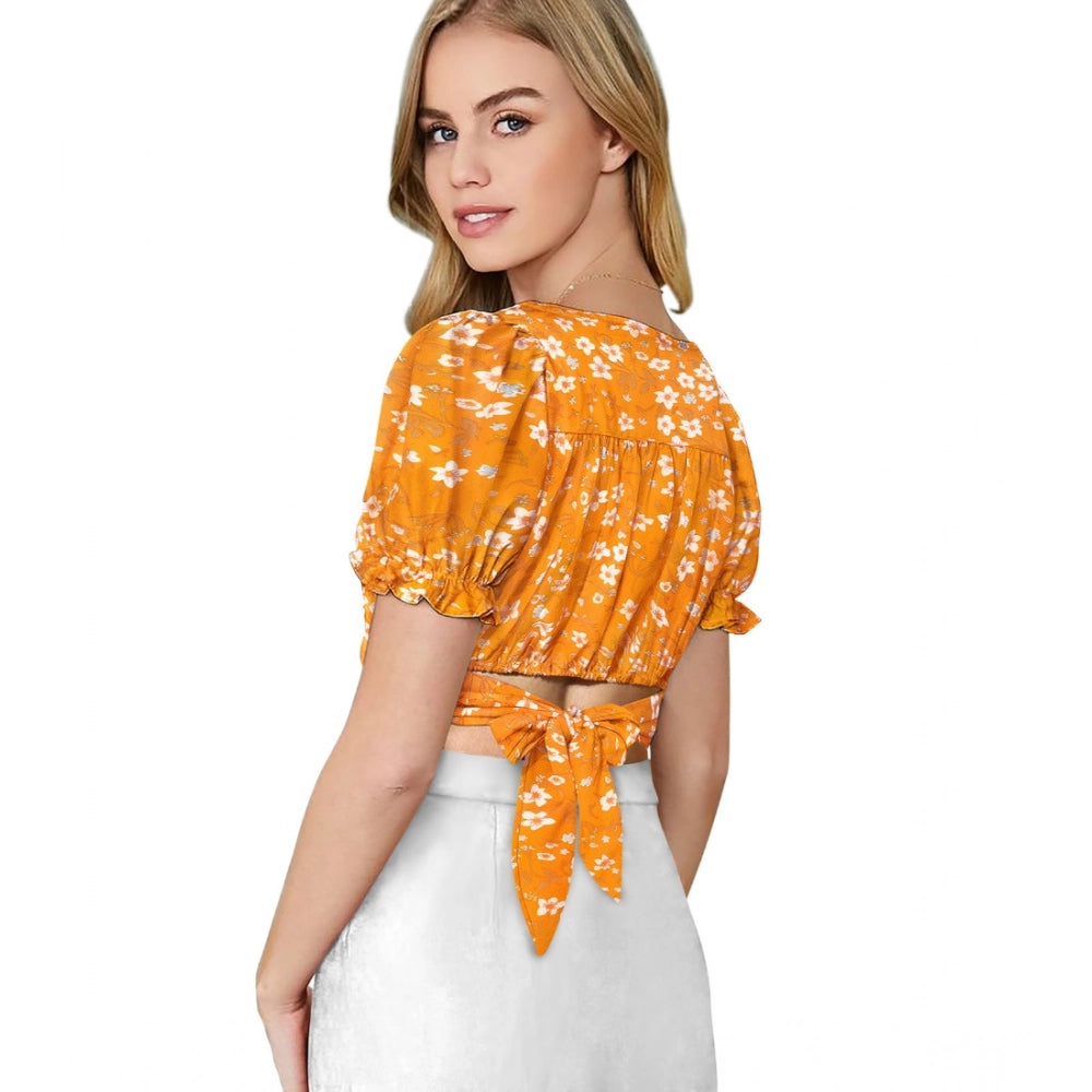 HD Women's Knitting Printed V-Neck Puff Sleeve Tops (Yellow)