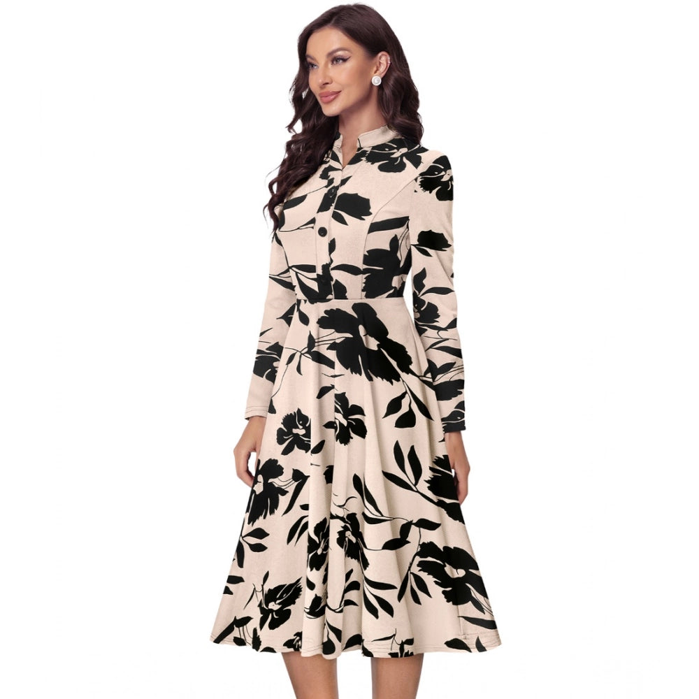 HD Women's Knitting Printed V-Neck Full Sleeve Dress (Cream)