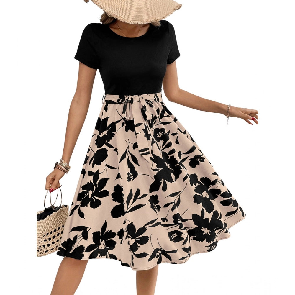 HD Women's Knitting Printed Round Neck Short Sleeve Dress (Cream)