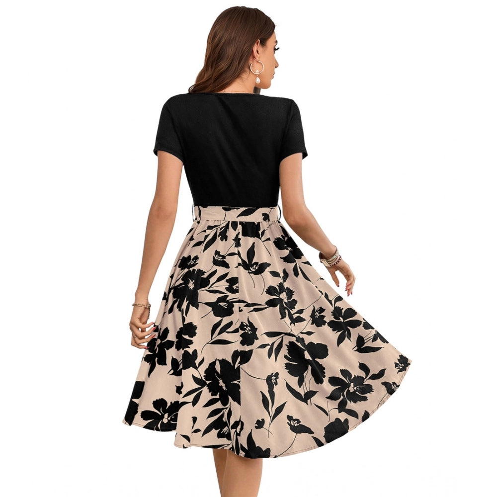 HD Women's Knitting Printed Round Neck Short Sleeve Dress (Cream)