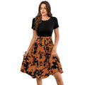 HD Women's Knitting Printed Round Neck Short Sleeve Dress (Orange)