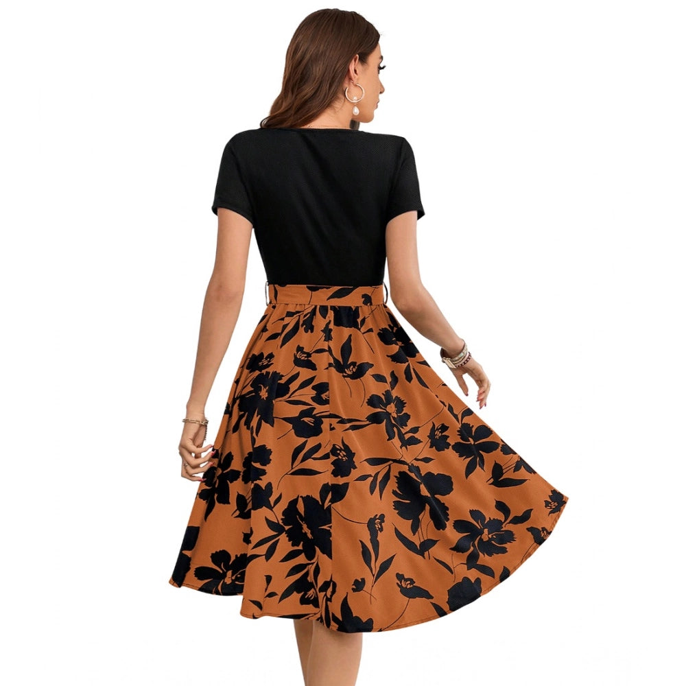 HD Women's Knitting Printed Round Neck Short Sleeve Dress (Orange)