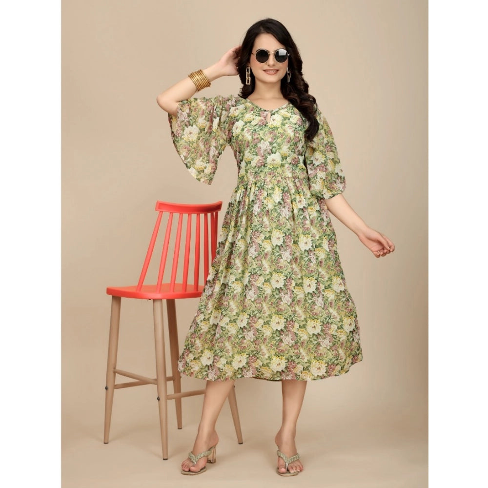 HD Women's Georgette Printed Round Neck Short Sleeve Dress (Green)