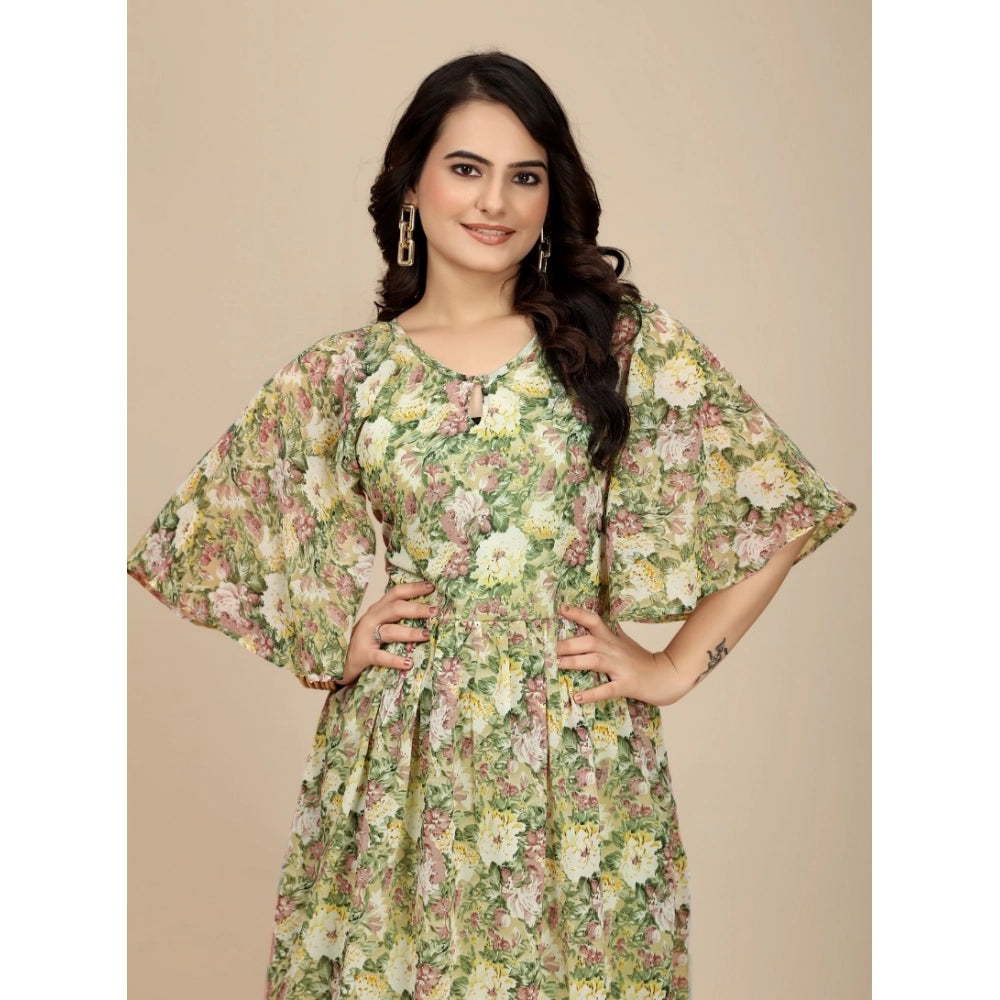 HD Women's Georgette Printed Round Neck Short Sleeve Dress (Green)