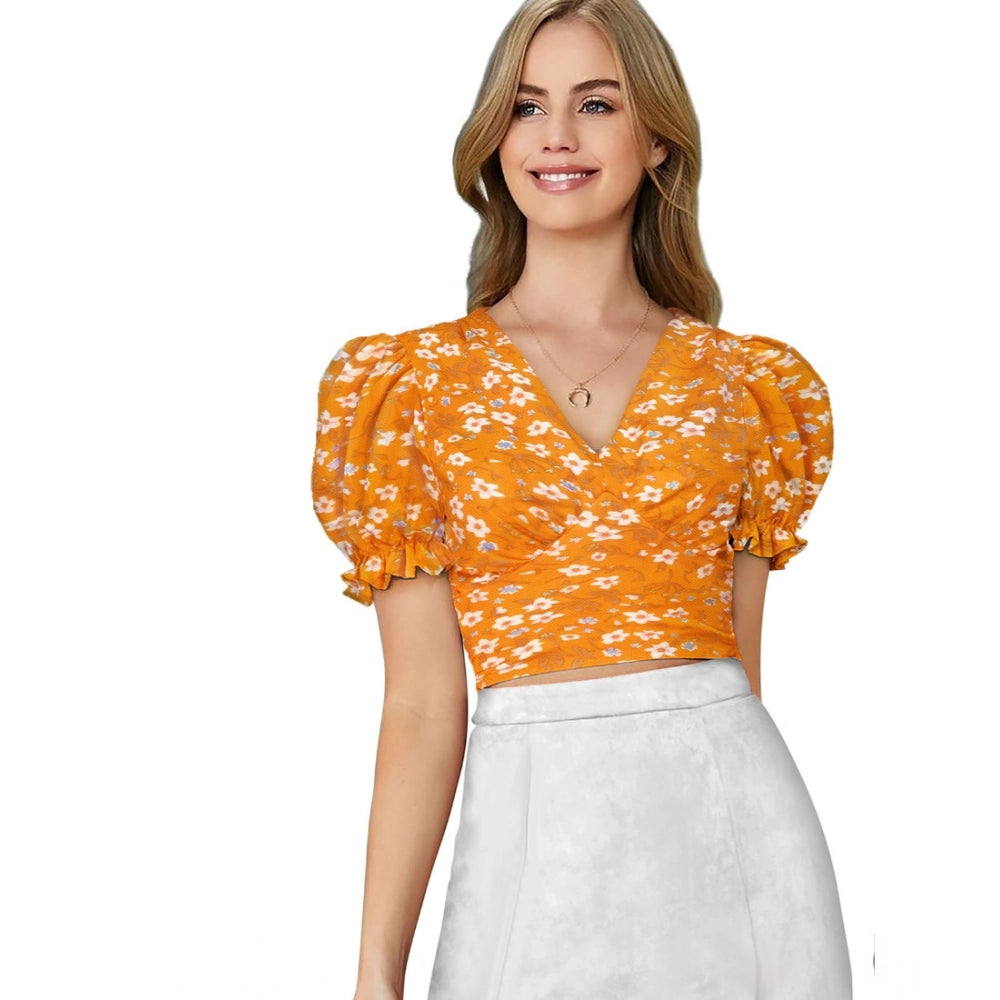 HD Women's Knitting Printed V-Neck Puff Sleeve Tops (Yellow)