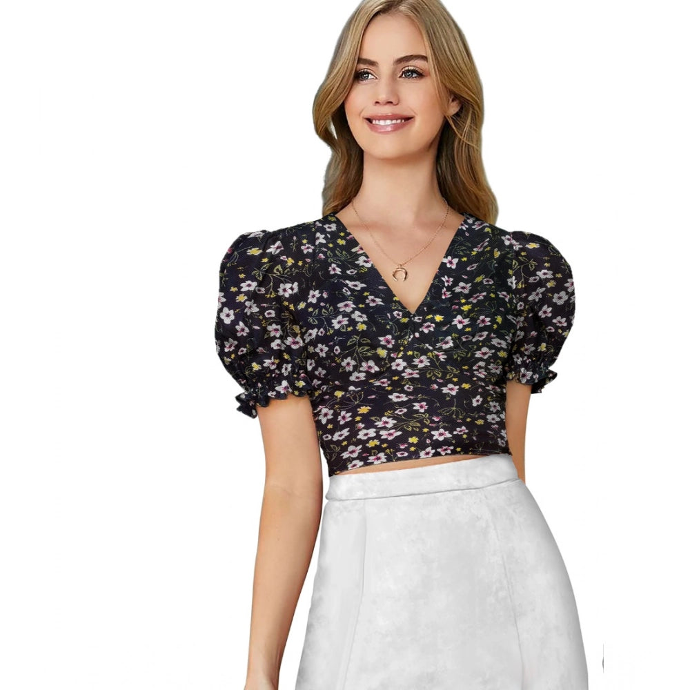 HD Women's Knitting Printed V-Neck Puff Sleeve Tops (Black)