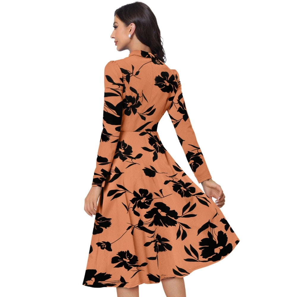 HD Women's Knitting Printed V-Neck Full Sleeve Dress (Orange)