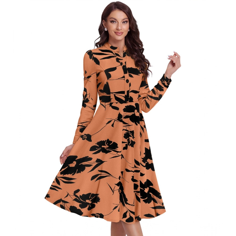 HD Women's Knitting Printed V-Neck Full Sleeve Dress (Orange)