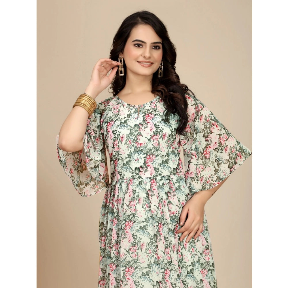 HD Women's Georgette Printed Round Neck Short Sleeve Dress (Pink)