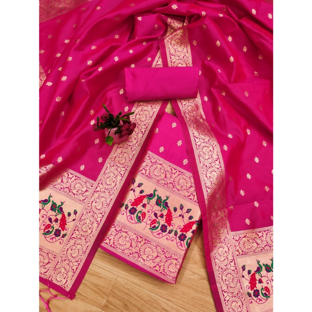 HD Women's Banarasi Silk Printed Unstitched Salwar Suit Material With Dupatta (Pink, 3Mtrs)
