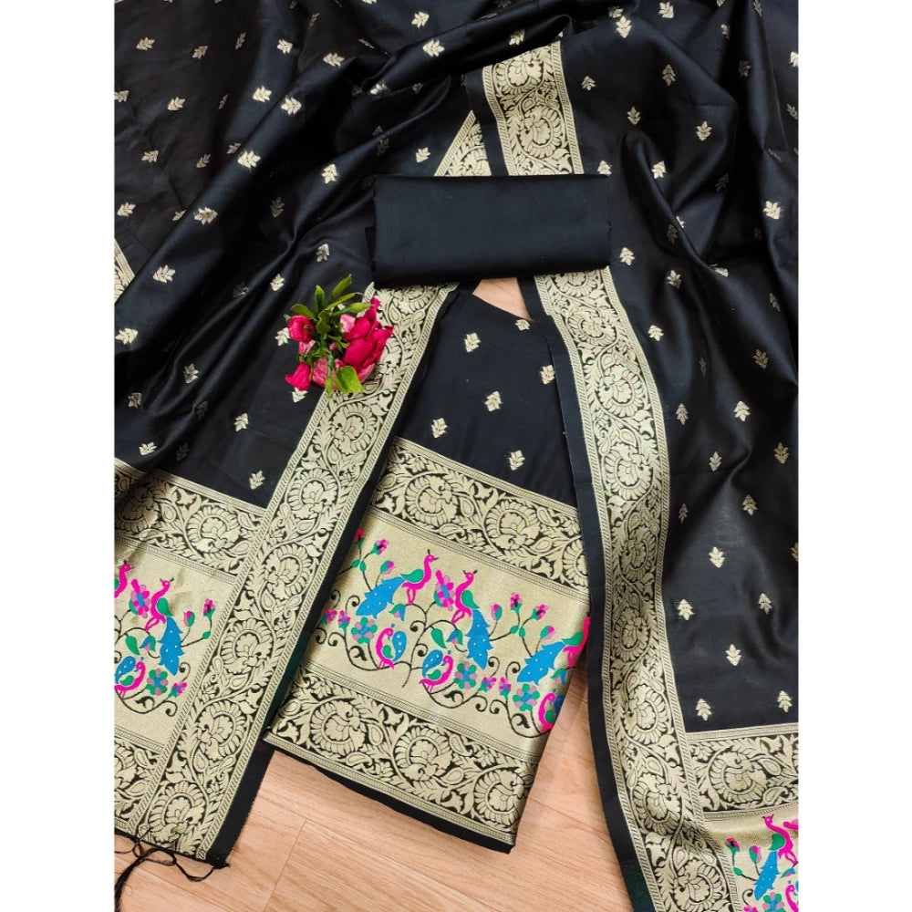 HD Women's Banarasi Silk Printed Unstitched Salwar Suit Material With Dupatta (Black, 3Mtrs)